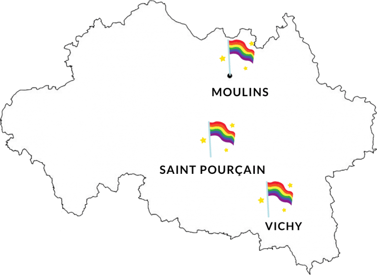 Carte indiquant les bassins sur lesquels est présente l’association LGBT+ Aux Mille Couleurs. Association présente et active sur tout le département de l’Allier (03). L’association a pour but de donner de la visibilité à la communauté LGBT, de lutter contre l’exclusion des personnes lesbiennes, homosexuels (Gay), bisexuel, transsexuel, et toutes les autres identités. Aux Mille Couleurs a trois antennes sur le département, une à Moulins, une à Vichy et une à Saint-Pourçain-sur-Sioule.